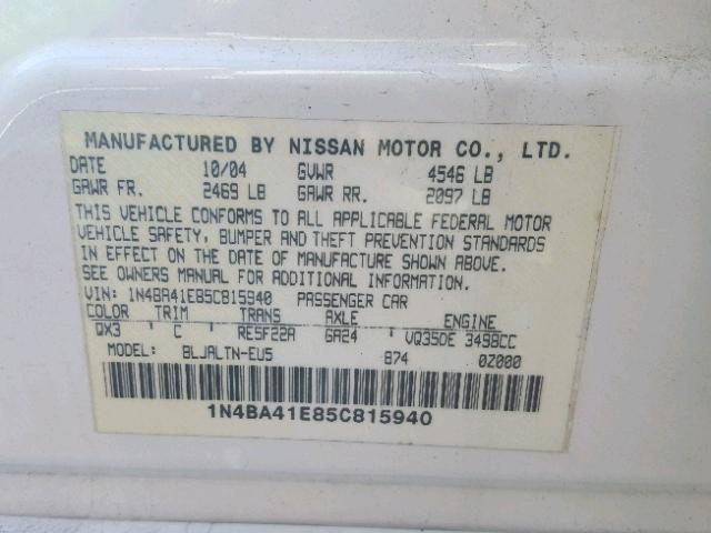 1N4BA41E85C815940 - 2005 NISSAN MAXIMA SE WHITE photo 10