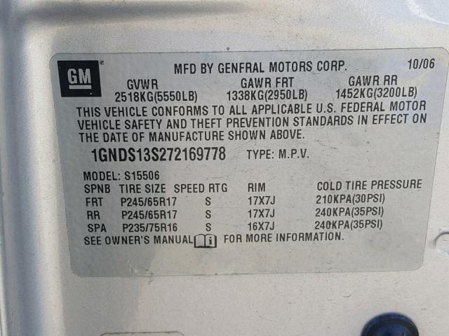 1GNDS13S272169778 - 2007 CHEVROLET TRAILBLAZE SILVER photo 10