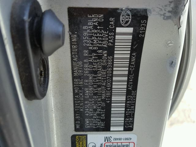 4T1BE46K07U063866 - 2007 TOYOTA CAMRY NEW SILVER photo 10