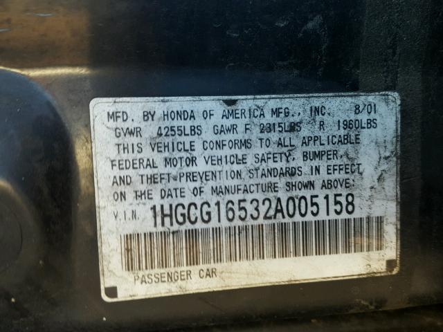 1HGCG16532A005158 - 2002 HONDA ACCORD EX BLACK photo 10