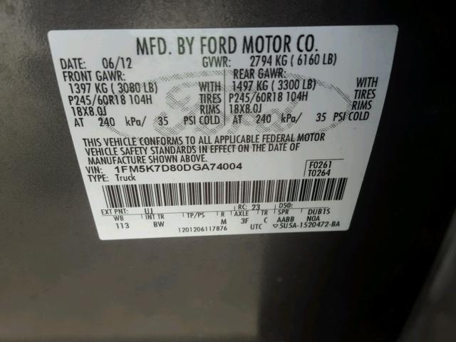 1FM5K7D80DGA74004 - 2013 FORD EXPLORER X GRAY photo 10