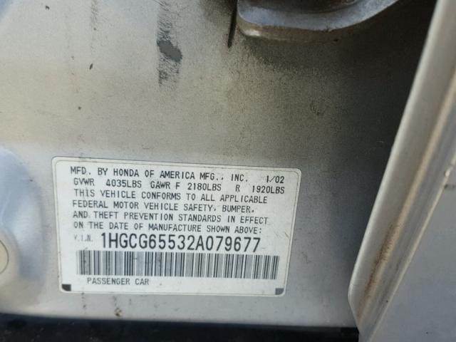 1HGCG65532A079677 - 2002 HONDA ACCORD LX SILVER photo 10