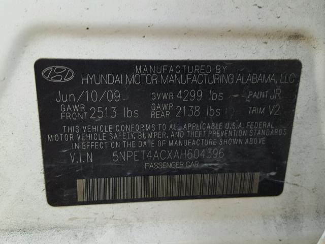 5NPET4ACXAH604396 - 2010 HYUNDAI SONATA GLS WHITE photo 10