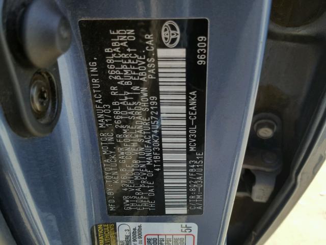 4T1BF30K74U572199 - 2004 TOYOTA CAMRY LE BLUE photo 10