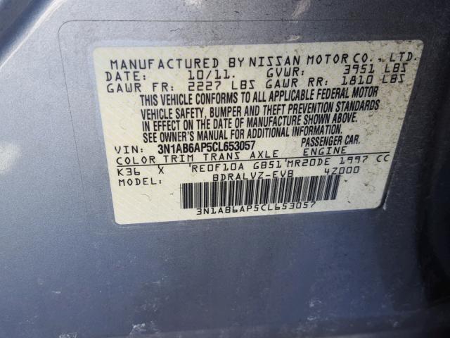 3N1AB6AP5CL653057 - 2012 NISSAN SENTRA 2.0 GRAY photo 10