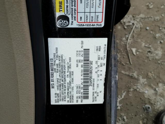 3FAHP08108R207582 - 2008 FORD FUSION SEL BLACK photo 10