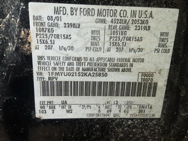 1FMYU02152KA25850 - 2002 FORD ESCAPE XLS BLACK photo 10