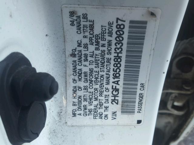 2HGFA16588H330087 - 2008 HONDA CIVIC LX WHITE photo 10