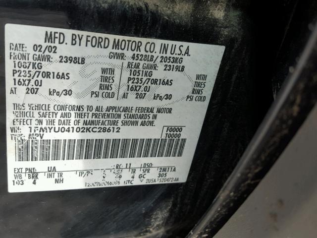 1FMYU04102KC28612 - 2002 FORD ESCAPE XLT BLACK photo 10