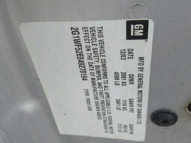 2G1WF52E849278194 - 2004 CHEVROLET IMPALA 银色 照片 10