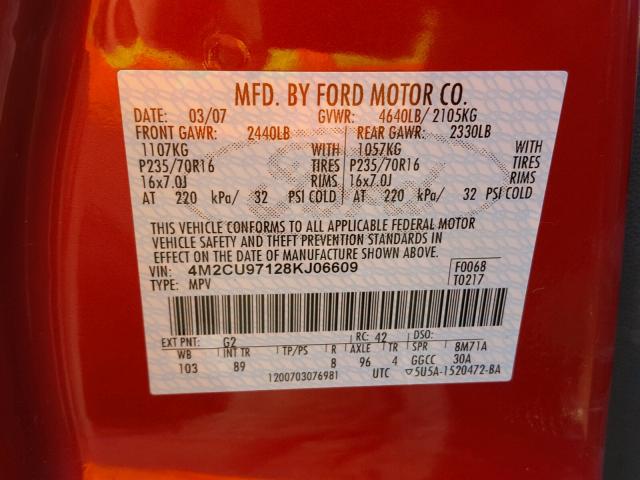 4M2CU97128KJ06609 - 2008 MERCURY MARINER PR RED photo 10