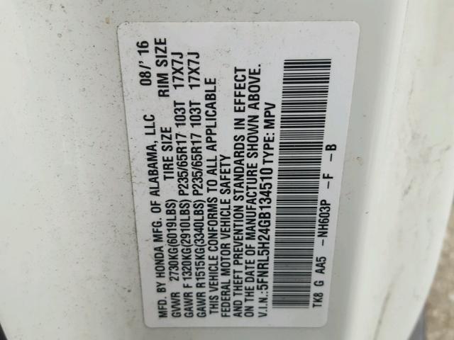 5FNRL5H24GB134510 - 2016 HONDA ODYSSEY LX WHITE photo 10