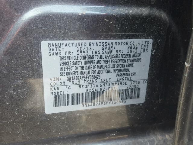 3N1AB7AP5FY358425 - 2015 NISSAN SENTRA S GRAY photo 10