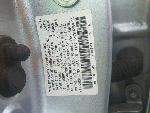 2HGFB2F8XDH547390 - 2013 HONDA CIVIC EX ვერცხლისფერი ფოტო 10