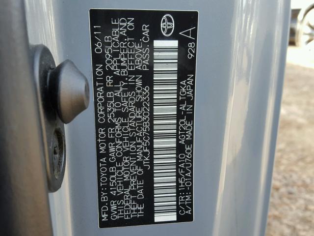 JTKJF5C75B3022336 - 2011 TOYOTA SCION TC 灰色 照片 10