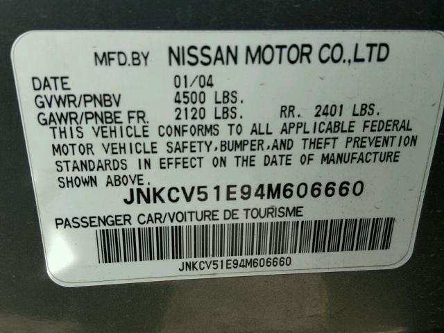 JNKCV51E94M606660 - 2004 INFINITI G35 GRAY photo 10