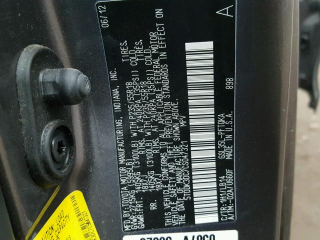 5TDDK3DC7CS047321 - 2012 TOYOTA SIENNA XLE GRAY photo 10