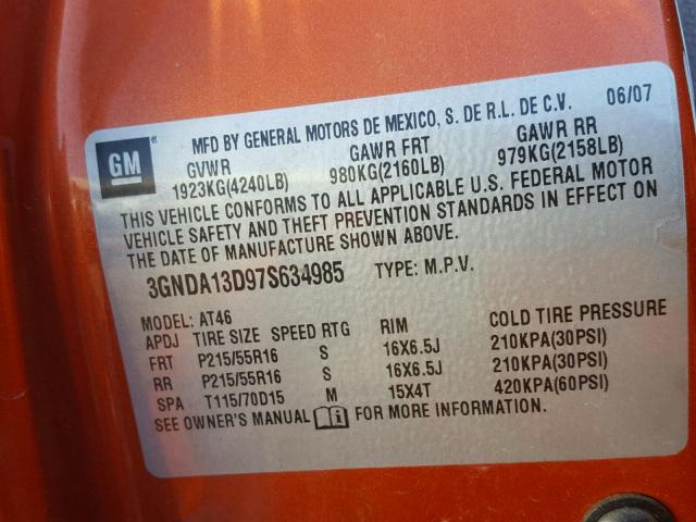 3GNDA13D97S634985 - 2007 CHEVROLET HHR LS ORANGE photo 10
