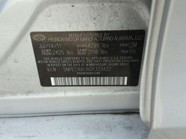 5NPEC4AC6CH333422 - 2012 HYUNDAI SONATA SE SILVER photo 10