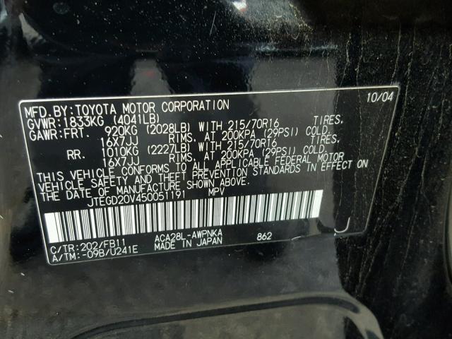 JTEGD20V450051191 - 2005 TOYOTA RAV4 BLACK photo 10