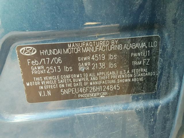 5NPEU46F26H124845 - 2006 HYUNDAI SONATA GLS BLUE photo 10