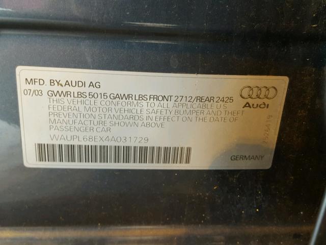 WAUPL68EX4A031729 - 2004 AUDI S4 GRAY photo 10