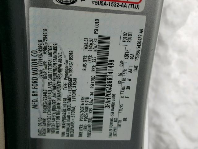 3FAHP0GA8BR141498 - 2011 FORD FUSION S SILVER photo 10