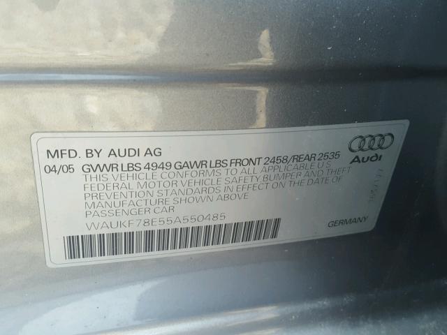 WAUKF78E55A550485 - 2005 AUDI A4 2.0T AV GRAY photo 10