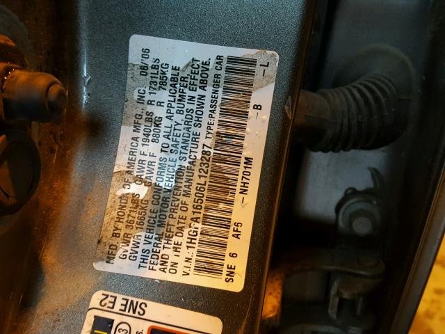 1HGFA16506L123287 - 2006 HONDA CIVIC LX GRAY photo 10