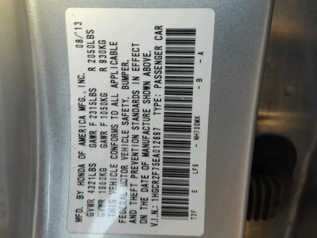 1HGCR2F75EA012697 - 2014 HONDA ACCORD EX SILVER photo 10