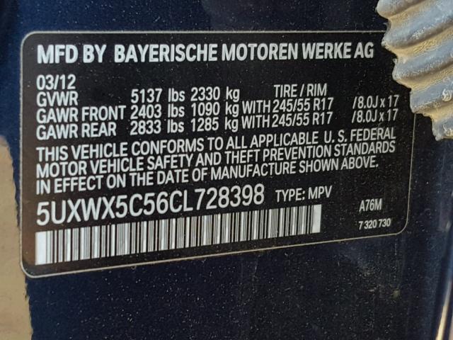 5UXWX5C56CL728398 - 2012 BMW X3 XDRIVE2 BLUE photo 10