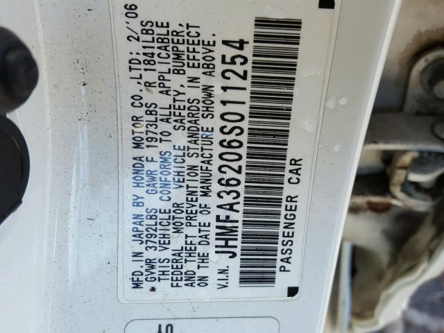 JHMFA36206S011254 - 2006 HONDA CIVIC HYBR WHITE photo 10