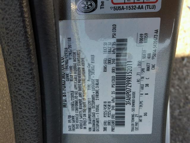 3FAHP07Z99R152011 - 2009 FORD FUSION SE SILVER photo 10