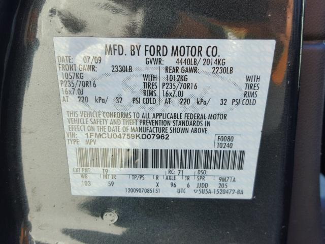 1FMCU04759KD07962 - 2009 FORD ESCAPE LIM GRAY photo 10