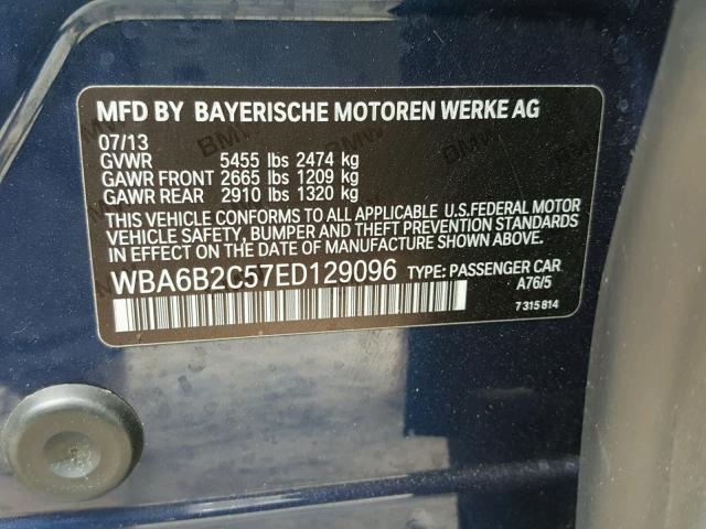 WBA6B2C57ED129096 - 2014 BMW 650 I BLUE photo 10