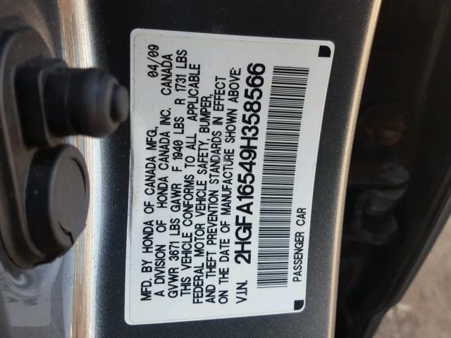 2HGFA16549H358566 - 2009 HONDA CIVIC LX GRAY photo 10