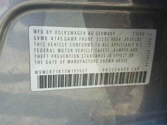 WVWCR71K17W103527 - 2007 VOLKSWAGEN RABBIT CHARCOAL photo 10