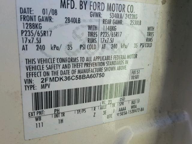 2FMDK36C58BA60750 - 2008 FORD EDGE SE WHITE photo 10