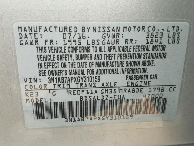 3N1AB7APXGY310159 - 2016 NISSAN SENTRA S SILVER photo 10