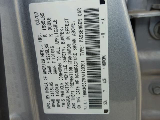 1HGCM56797A129301 - 2007 HONDA ACCORD EX SILVER photo 10