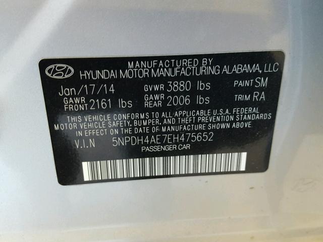 5NPDH4AE7EH475652 - 2014 HYUNDAI ELANTRA SE SILVER photo 10