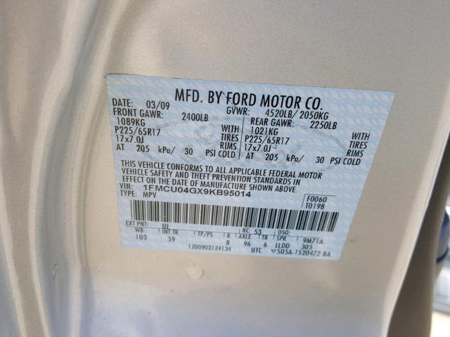 1FMCU04GX9KB95014 - 2009 FORD ESCAPE LIM SILVER photo 10