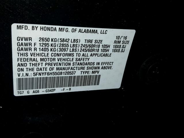 5FNYF6H55GB120537 - 2016 HONDA PILOT EXL GREEN photo 10