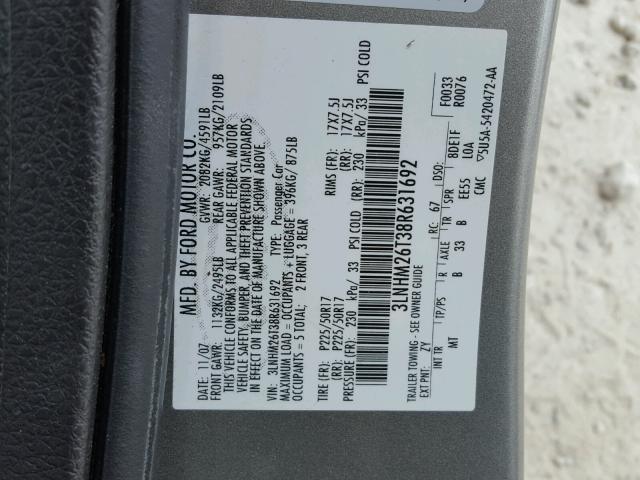 3LNHM26T38R631692 - 2008 LINCOLN MKZ GRAY photo 10