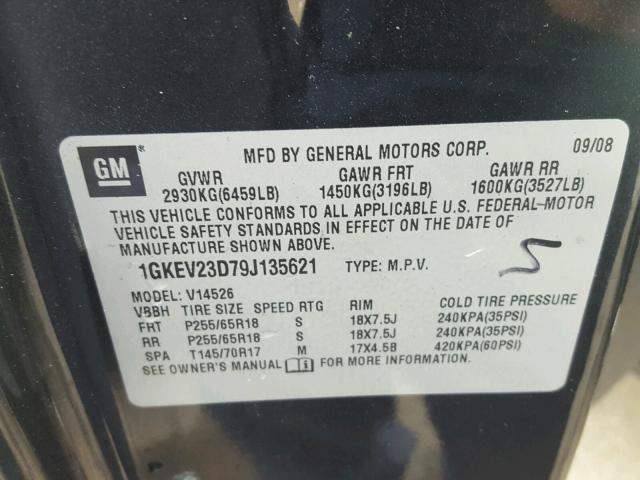 1GKEV23D79J135621 - 2009 GMC ACADIA SLT ნაცრისფერი ფოტო 10