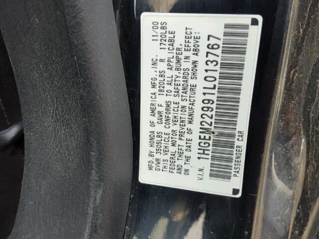 1HGEM22991L013767 - 2001 HONDA CIVIC SI BLACK photo 10