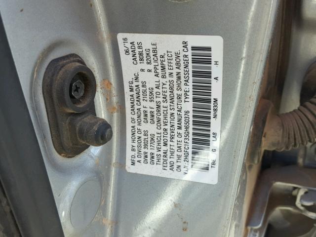 2HGFC1F35GH650376 - 2016 HONDA CIVIC EX SILVER photo 10