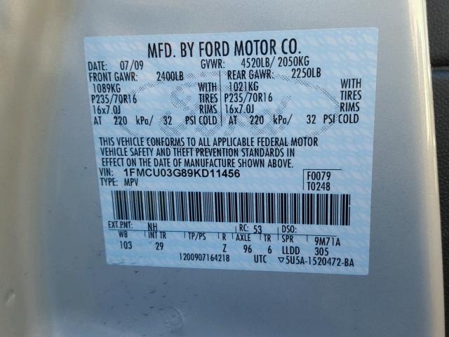 1FMCU03G89KD11456 - 2009 FORD ESCAPE XLT CREAM photo 10