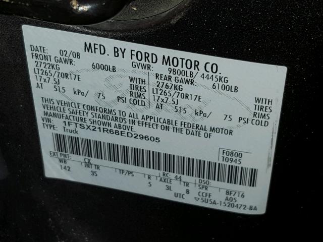 1FTSX21R68ED29605 - 2008 FORD F250 SUPER GRAY photo 10