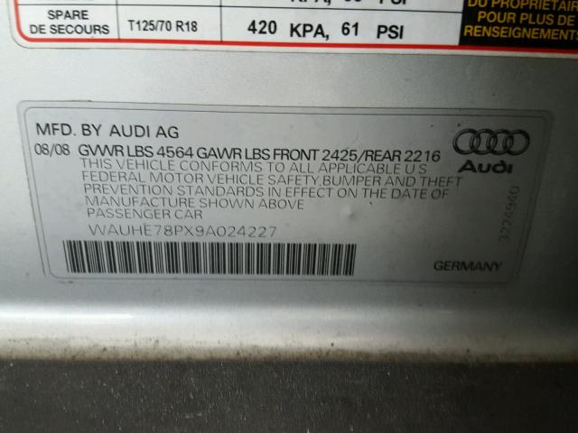 WAUHE78PX9A024227 - 2009 AUDI A3 2.0T GRAY photo 10